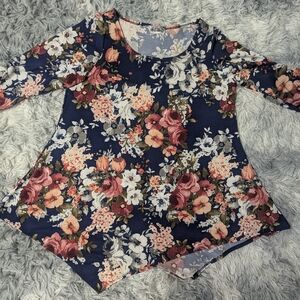 Star Vixen Sz S Blue, Pink Floral Pattern with Gathered Sleeves Asymmetrical Hem